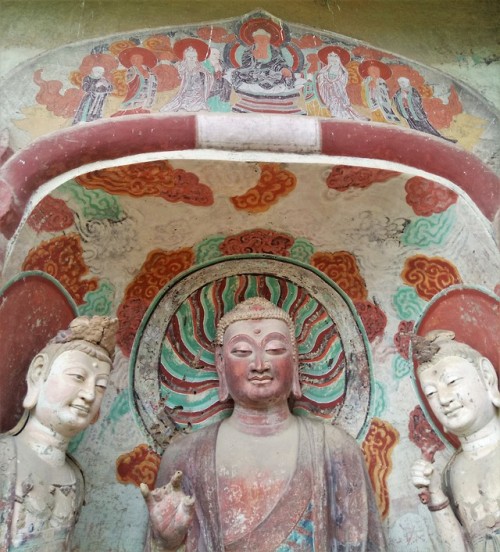 picturesofchina:Painted statues and frescoes at the Maijishan Buddha Grottoes in Tianshui, Gansu