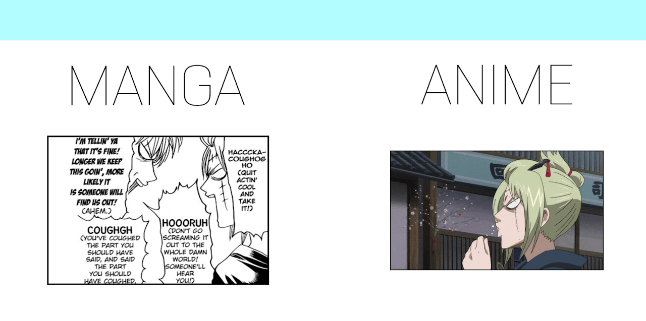 ykchahine: manga vs. anime  gintoki, tsukuyo and a gold bar  for @anime-trash-for-life