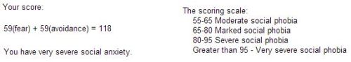 socialanxietymouse:  Yep. This is the Liebowitz Social Anxiety Scale Test. Level of social anxiety isn’t a competition - but this is a useful tool for getting an idea for yourself, and for others to get a glimmer of what social anxiety disorder means