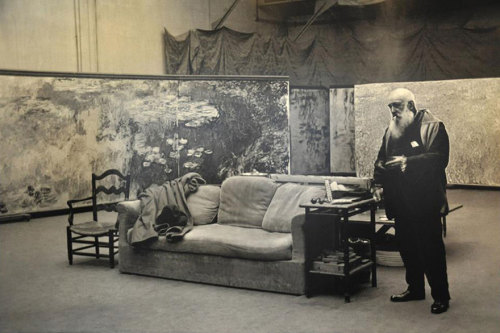frenchvintagegallery:Claude Monet in his studio in Giverny working on “Water Lilies“, near Paris 192