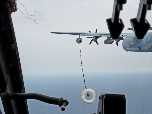 The view from an MH-53 Sea Dragon as it moves in to refuel from a KC-130 during a training mission o