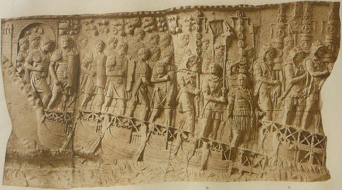 Roman troops crossing the Danube on two different bridges of boats during Trajan&rsquo;s Dacian 