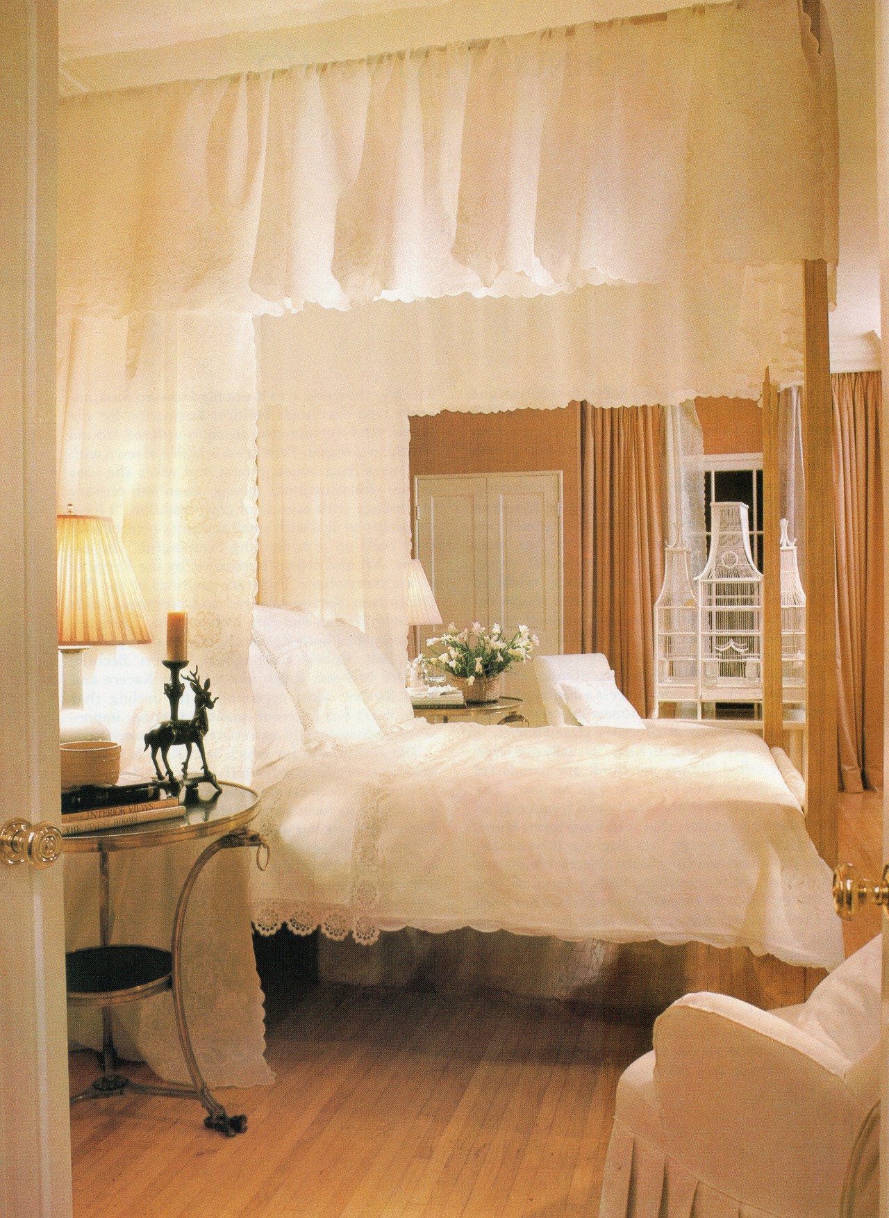 Contemporary Apartments, 1982 #vintage#vintage interior#1980s#interior design#home decor#bedroom#canopy bed#lace#mustard#wall color#birdcage#gold#curtains#wood flooring#cottage#traditional#style#home#architecture
