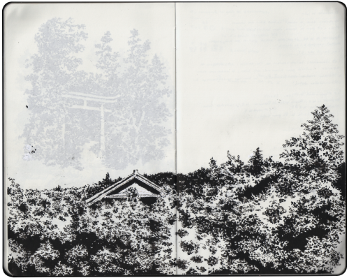 In the middle of trees, roofs.これは、僕の秋のスケッチ。京都市で描きました。