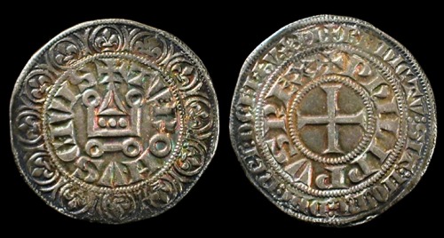 archaicwonder:  Medieval Knights Templar Coin of Philip IV ‘Le Bel’ of France, 1268-1314 AD Castle tournois with a border of twelve fleur de lis/ Short cross pattée. A silver gros tournois, nice grey tone with iridescent “rainbow” patina.   