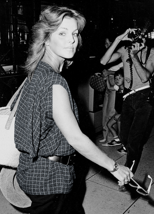 Priscilla Presley, returning from Dallas, at LAX in Los Angeles, CA, August 3, 1983.