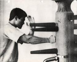 gutsanduppercuts:  Bruce Lee training on a traditional Wing Chun dummy.
