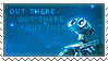 blue stamp featuring the character wall-e looking up at the night sky. there is text that reads 'out there, out there, out there' that gradually fades.