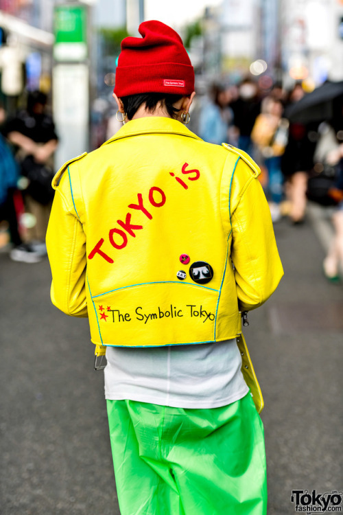 Japanese designer S,you on the street in Harajuku wearing a yellow leather jacket by his own brand T