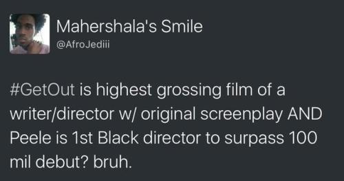 black-to-the-bones:Isn’t that awesome? A movie about racism, about social issues everyone is trying to silence has topped 贶  million at the box office. I’m not only proud of Jordan Peele, i’m also excited about the fact that people have actually