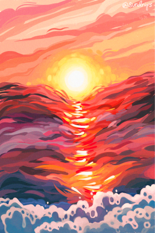 dahliasduke:sundrips: as the sun drips into sea [Image Description: A very stylized painting of a 
