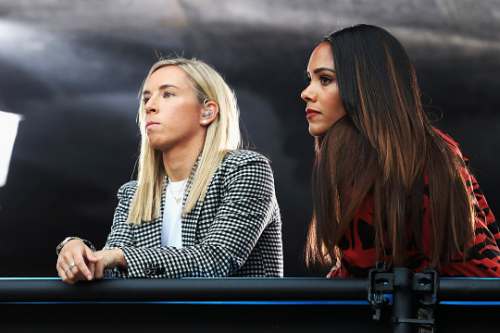 gwnts: Presenters Jordan Nobbs and Alex Scott watch on during the match between England and Argentin