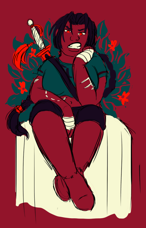 A sloppy, limited palette sketch of my webcomic’s sword grump, Menika! Might clean this up som