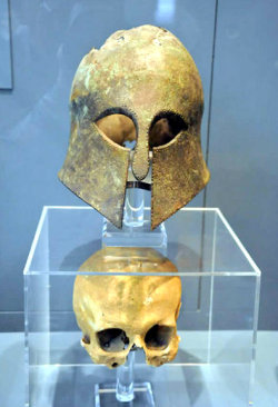 irisharchaeology:  This remarkable Corinthian style helmet from the Battle of Marathon was reputedly found in 1834 with a human skull still inside. It now forms part of the Royal Ontario Museum’scollections, but originally it was discovered by George