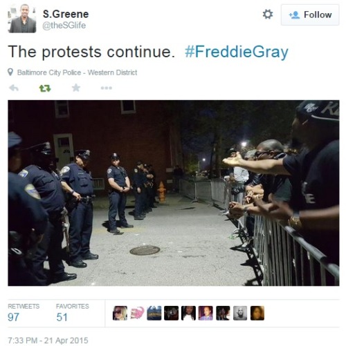 iwriteaboutfeminism:  Protesters in Baltimore seek justice for Freddie Gray.Tuesday, April 21st. Part Two[Part One]