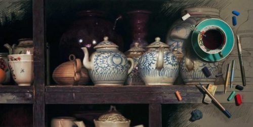 hajandrade:Aurelio Rodriguez Lopez, Painting Old Chinese Pottery, 2017, pastel on pastelmat, 45 x 90