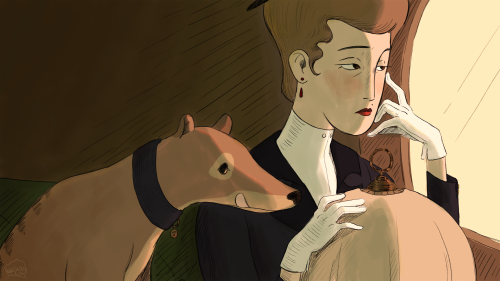 A digital illustration of Dr. Barlow and Tazza in the back of a coach. Dr. Barlow is holding a birdcage with a cloth over it in her lap, and has a bored expression on her face.