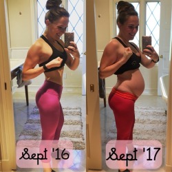 fitpositively:  What a transformation!!! A year ago I was training for my first 5k in over 10 years. This year I’m training for something completely different: the journey of my lifetime!! Can’t wait to meet my little one in ~3.5 months!😆🤰🏻💝