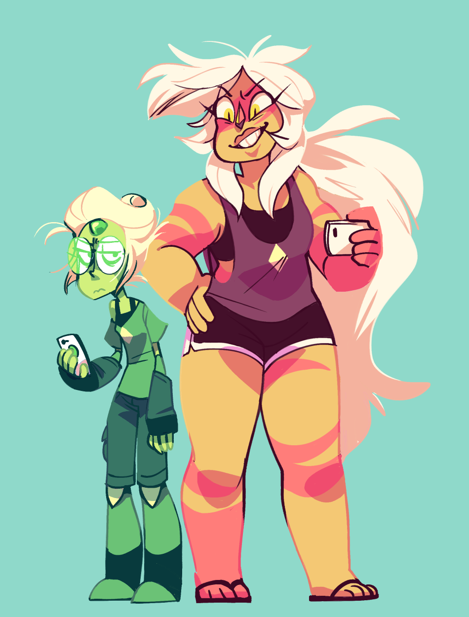 talaura:  I just wanted to draw peridot’s hair in a weird bun. and jasper in gym
