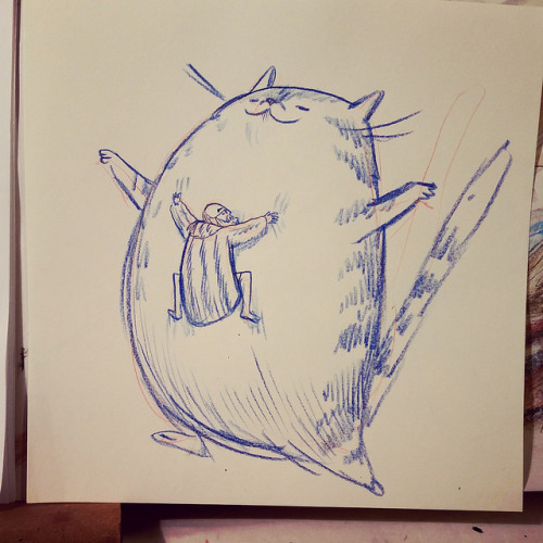 Wee edward gorey riding a cat totoro-style. by featherbed on Flickr.