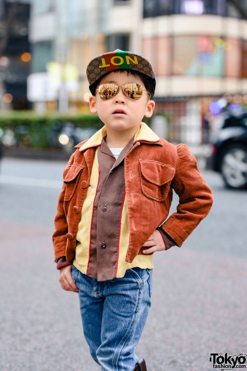 Japanese siblings 9-year-old Lino and 5-year-old Sena on the street in Harajuku wearing vintage fash