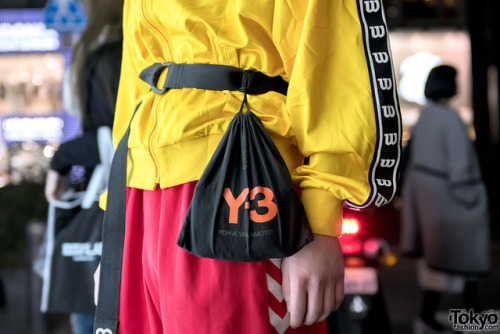 tokyo-fashion:  19-year-old Daiki on the street in Harajuku wearing a vintage Wilson jacket with Hummel pants, George Cox creepers, and a Yohji Y-3 belt-bag combo. Full Look