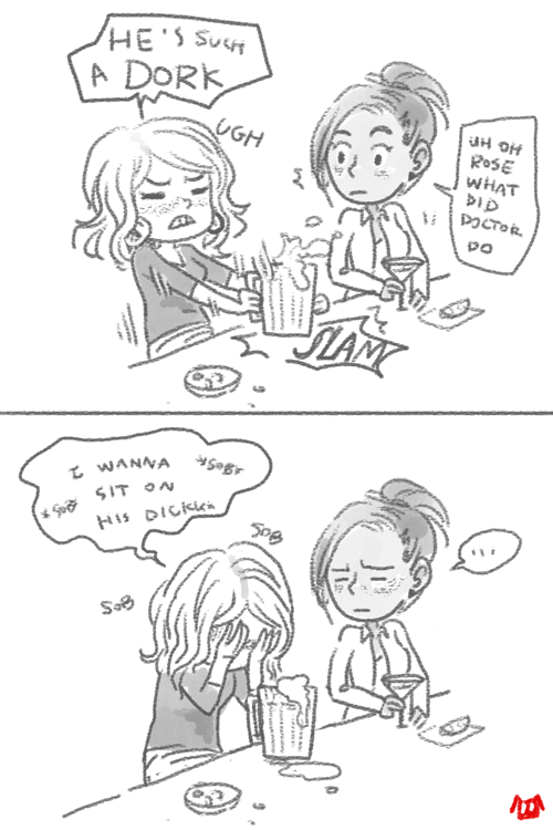 this-puppy-flies:  pinchtheprincess:  this-puppy-flies:  #Things Rose says about Tentoo when she’s drunk  based on (x)   # fanart  # i am dying  # cause she sooooo would  # and then she would cry about his perfect hair  # and his beautiful sideburns