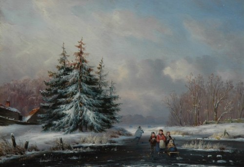 A snowy landscape with skaters and a sledge  -  Carl Eduard AhrendDutch  1822-1898oil on panel 18,2 