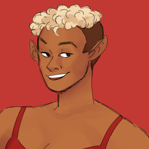 [ID: Five digital bust drawings of a smiling Lup featuring four different blonde hair styles with da