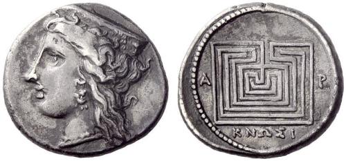 archaicwonder:Greek Drachm from Cnossus, Crete c. 330 - 300 BCObverse: head of Hera wearing a sphend