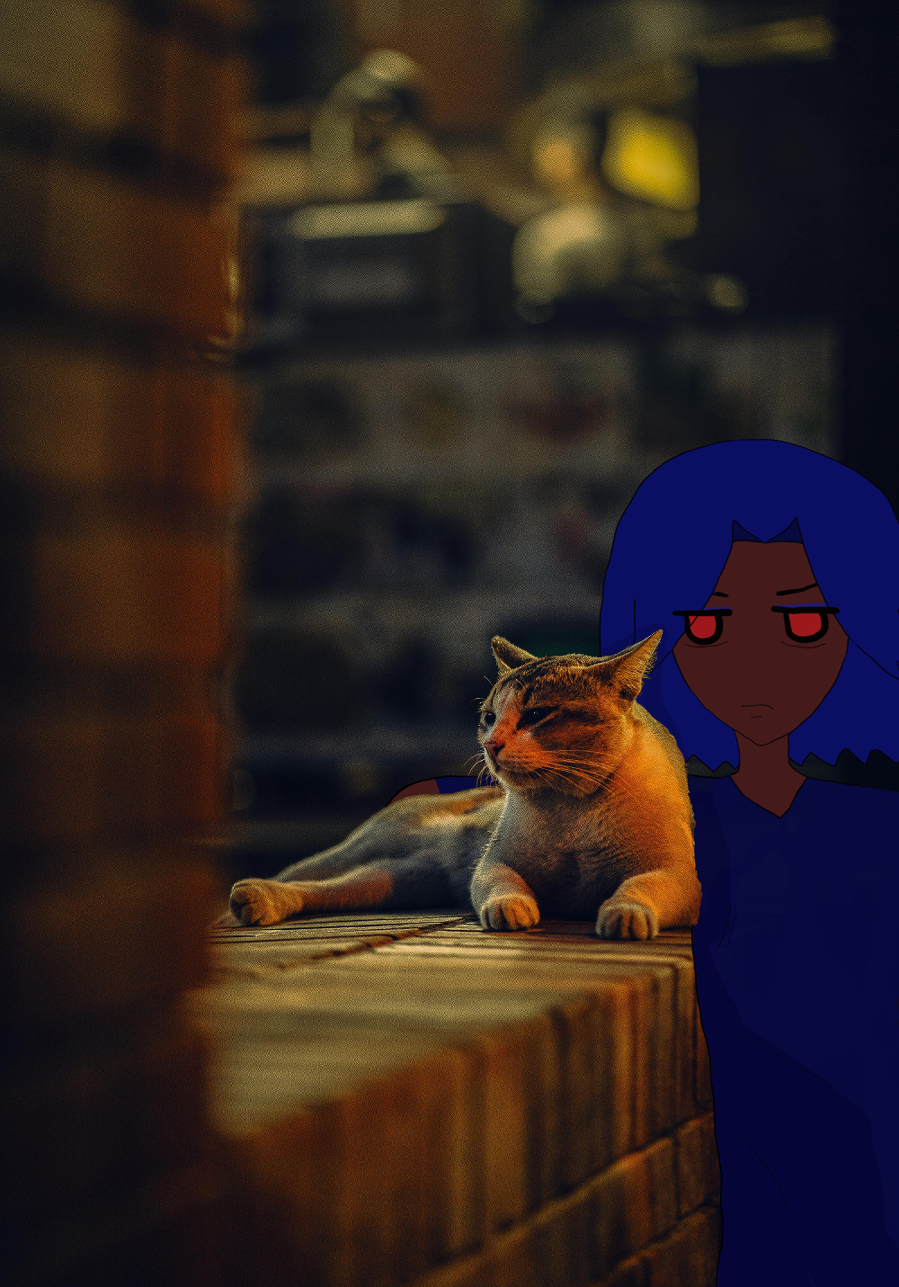 antonio's frowning and not getting any sleep with red eyes irritated and brows drawn. he has blue hair like waves and is wearing a blue panjabi/kurta-like clothes. he is standing right by this chillax kitty cat and half-holding it that is white and brown and lit up orange, lounging very majestically, surrounded by brick walls in a very cozy way.