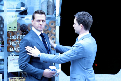 hermione:  Gabriel Macht and Patrick J. Adams filming season 4 of ‘Suits’ in Toronto, April 21, 2014