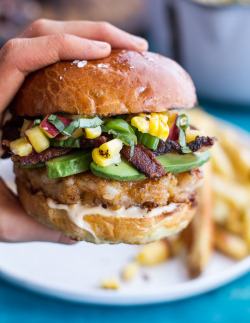 do-not-touch-my-food:  Lobster Burgers with Brown Butter Lemon Aioli, Basil Corn Salsa, Bacon and Avocado