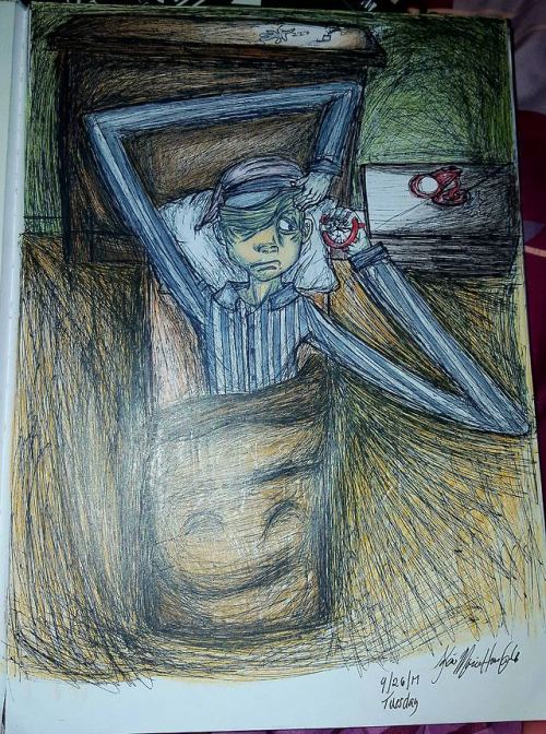 thetwinarmageddons:Old drawing that I did of the Janitor waking up.