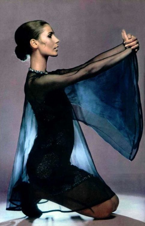 Astrid Schiller in sheer chiffon tent-dress worn over sequined sheath by Pierre Cardin, photo by Edd