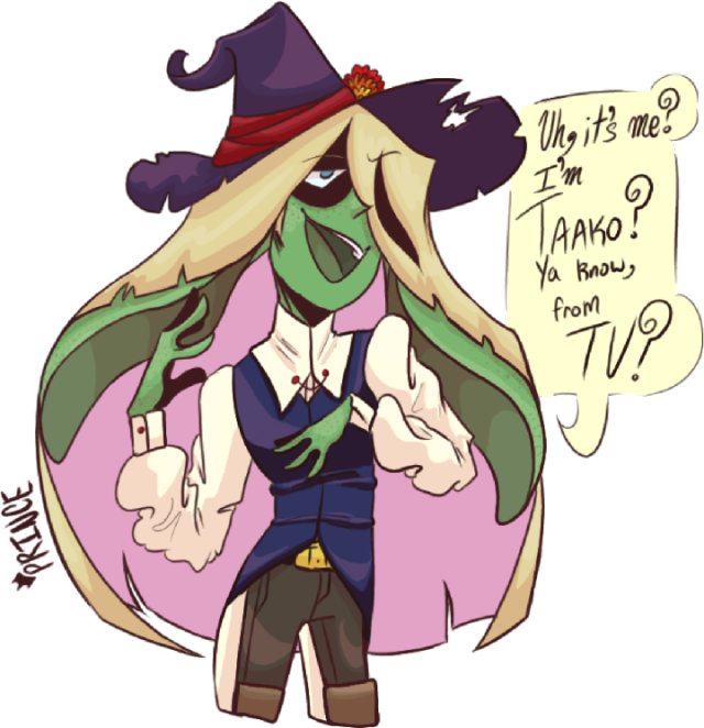 It's a digital drawing of Taako Taaco the wizard from The Adventure Zone Balance. He's a freckled green elf with blond hair that flows over his ears. The underside of the long flowing hair is pink. His ears are long and flop down like rabbit ears. A tattered dark purple wizard hat with a red sash tied around the middle and a red flower that fades to yellow rests on his head. A shadow is cast on his face due to the hat and hair, but you can see his blue eyes through the shadow. He's wearing a pale yellow button up blouse that poof dramatically on the sleeves. On top of the blouse is a dark blue sleeveless tailcoat. The underside of the tails of the tailcoat is the same pale yellow as the blouse. He wears a golden belt buckle with "T.T." engraved on it. He wears dark leather pants and you see a glimpse of light brown leather boots before the drawing is cut off. He has one hand splayed on his chest and the other dramatically gesturing to himself. He has one eyebrow raised and looks smug while leaning heavily to one side. A pale yellow text box is next to Taako. It's reads "Um, it's me? I'm Taako? Ya know, from TV?"