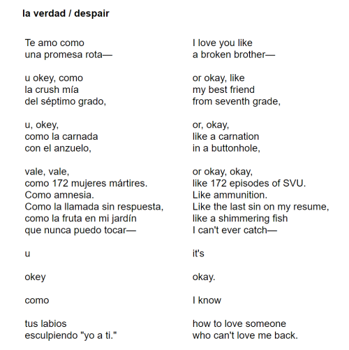 ecc-poetry:ecc-poetry:la verdad / despairelisa chavezTe amo comouna promesa rota—u okey, comol