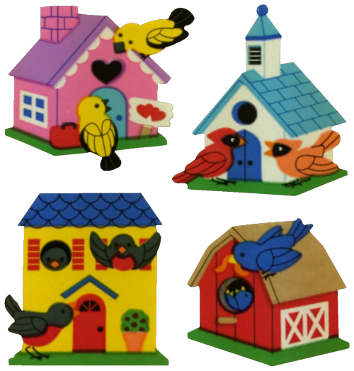 Sandylion stickers of four birdhouses. The first is a cute pink house with a honeymoon theme occupie