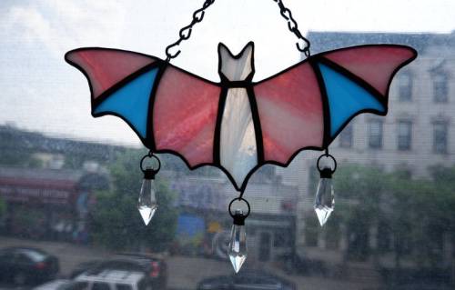 snootyfoxfashion: Trans Pride Stained Glass Bat Suncatcher from RivenBarrowGlass