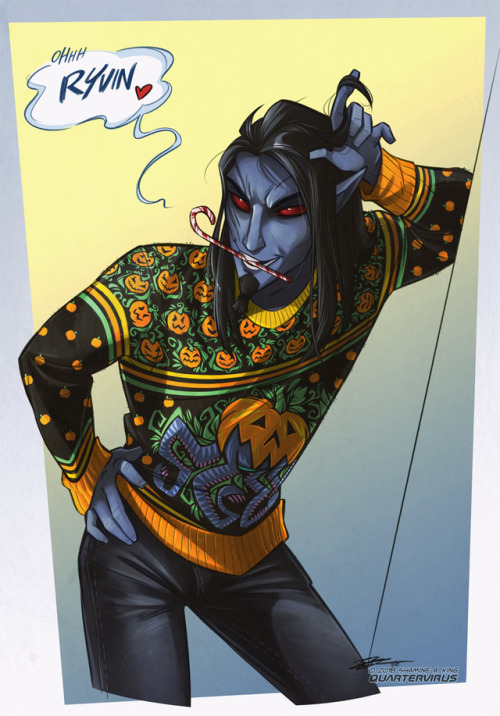 quartervirus:


Commission for Gangyzgirl of her Dunmer, Vytalas, wearing a somewhat less seasonal sweater.
Though I would argue no less festive.
It was a lot of fun working that silly pumpkin netch to fit the design. Thanks so much for commissioning me!
–SakNot your commission? Then don’t f***ing use it.Vytalas © GangyzgirlThe Elder Scrolls: Online © Zenimax/BethesdaArtwork © Shamine Athena King #sakart#eso #elder scrolls online  #ugly christmas sweater #dunmer#dark elf#commission#commissions#gangyzgirl#vytalas