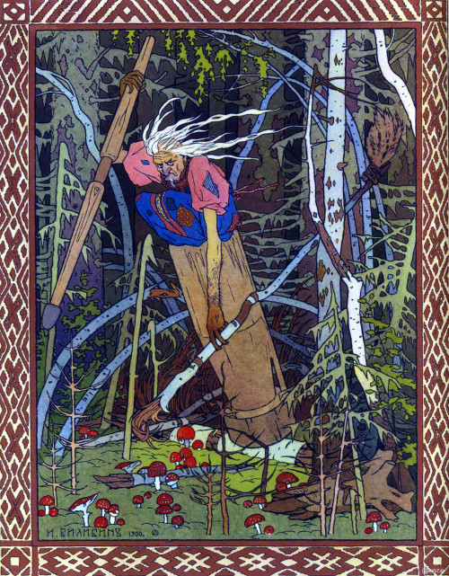 Baba Yaga, illustrated at the top by Russian artist Ivan Yakovlevich Bilibin (1876-1942) in our spec