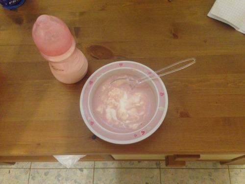 wittlesissybaby: Your morning breakfast of pink strawberry yogurt looked delicious until Mistress ha