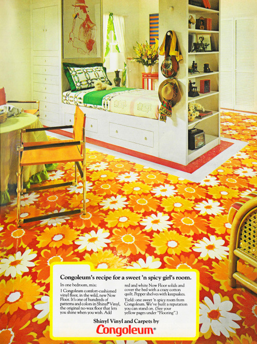 justseventeen:April 1973. ‘Congoleum’s recipe for a sweet ‘n spicy girl’s room.’