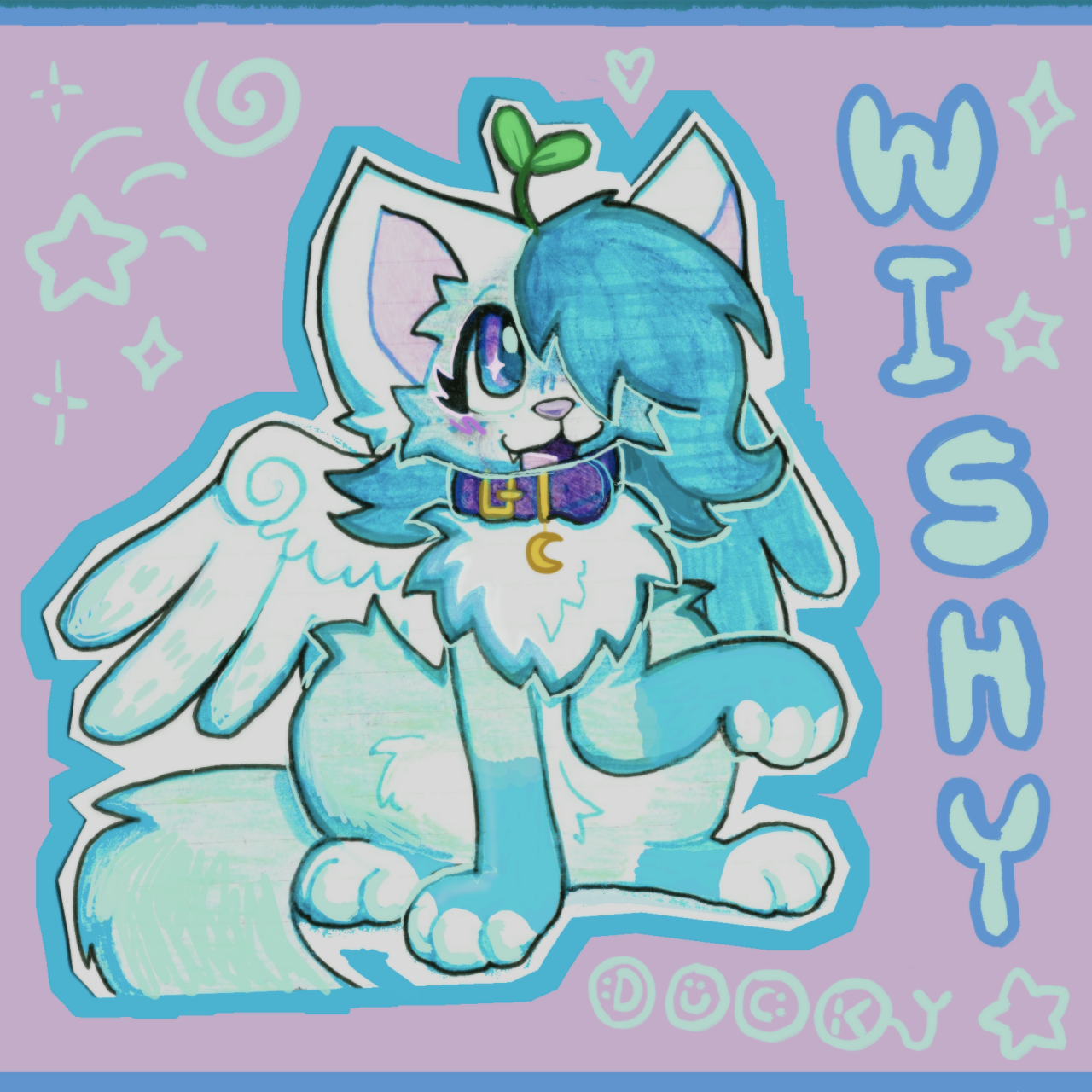 Multimedia artwork of a blue winged kitty with sparkly eyes! Its fur is a warm, light blue with white points and darker blue accents and hair. It also has a little plant sprouting from the top of its head and is wearing a purple collar with a moon charm.