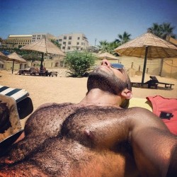 Hairy chest, legs,Beard and Mustache.