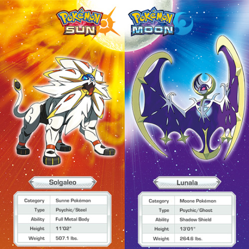pokemon:  Solgaleo and Lunala hold a vital key to your adventures in Pokémon Sun and Pokémon Moon. Learn more about these Legendary Pokémon: http://bit.ly/1YcZFJ4