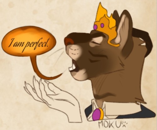 A side view of Edward's face, as he raises his head high, eyes closed, proclaiming proudly : "I am perfect.". He is wearing a golden crown on his head, with 3 purple gems beside 5 pointed spikes. His hand is raised next to his head, showing off his white gloves with a few golden accents.