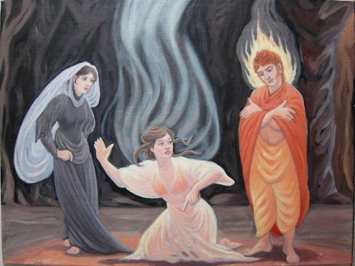 mariaaragon64:The Visitation - Hecate, the Sibyl and Apollo, an image that came to me. Oil on linen 