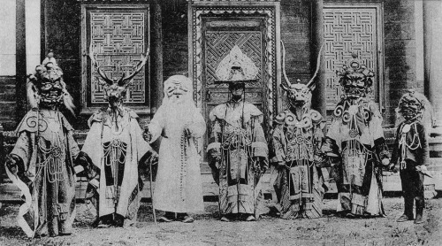 Sagaan Ubgen, the bearded Mongolian guardian of life and longevity, surrounded by other deities duri