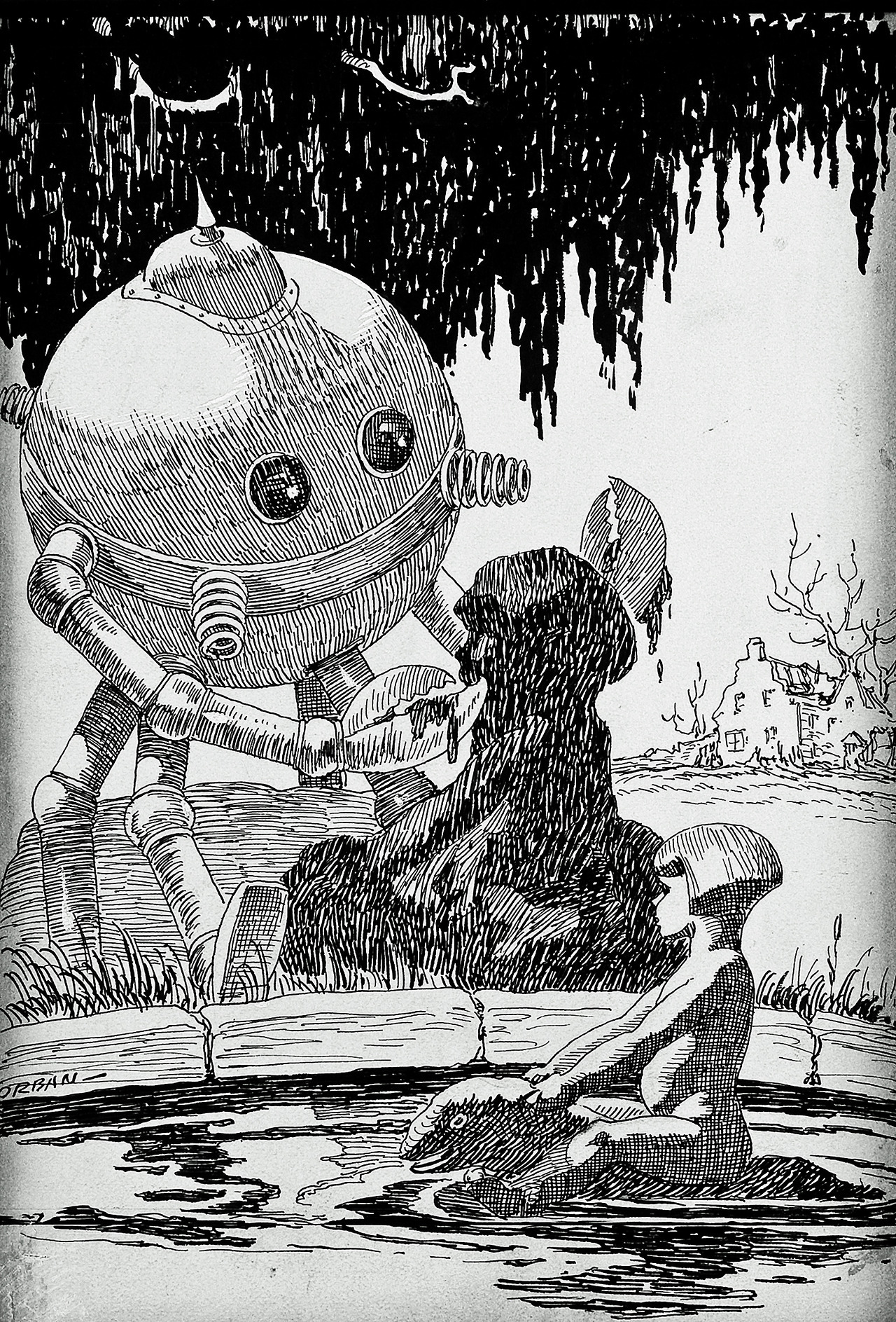talesfromweirdland:  A robot alien sculpting a little boy.Science fiction illustration